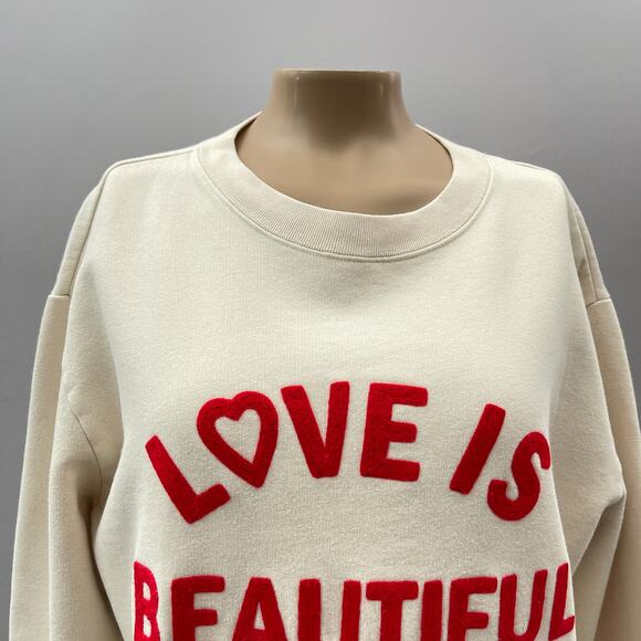 Sandro Love is Beautiful Embroidered Sweatshirt Light Beige Women's Size 1 Small - Picture 4 of 16